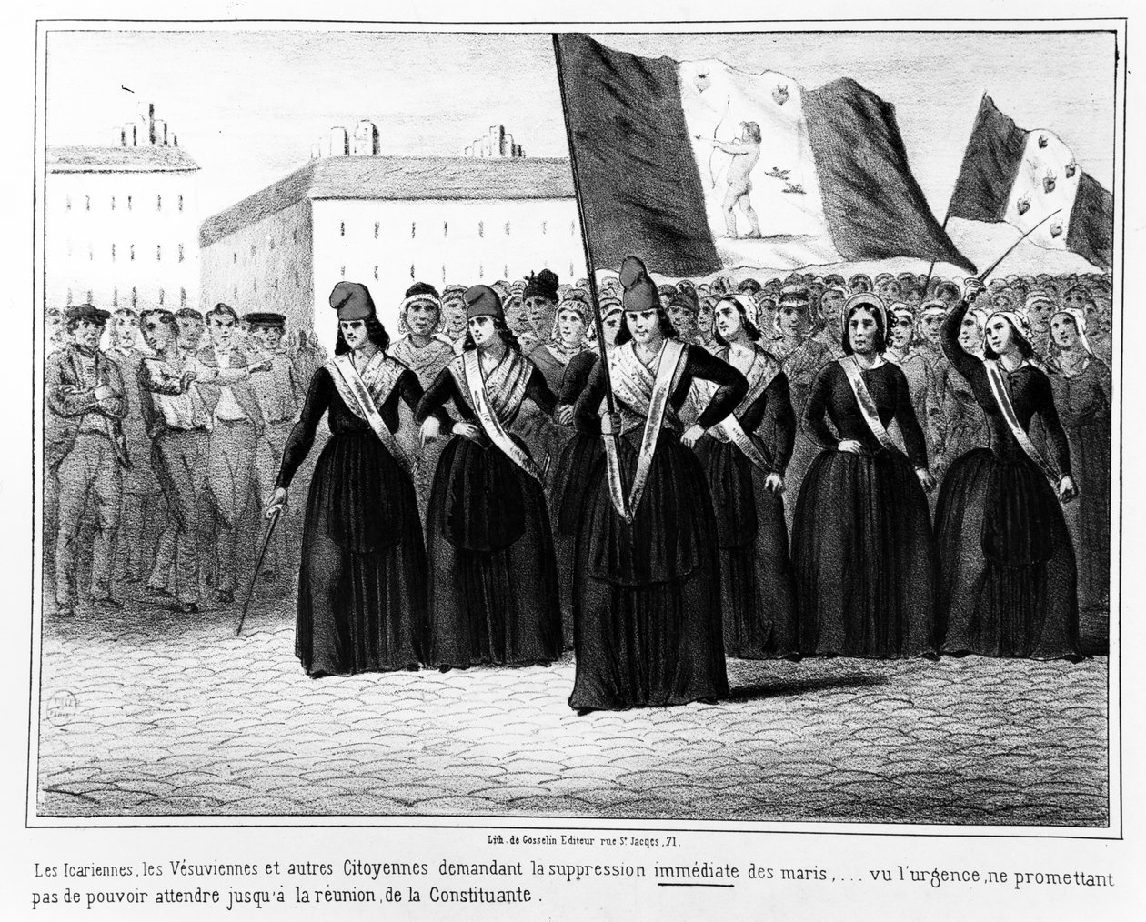 Ikarier och Vesuvianer som kräver omedelbart förtryck av män, från en serie tecknade serier om händelserna under 1848 års franska revolution, publicerad i Paris av Gosselin, 1848 av French School