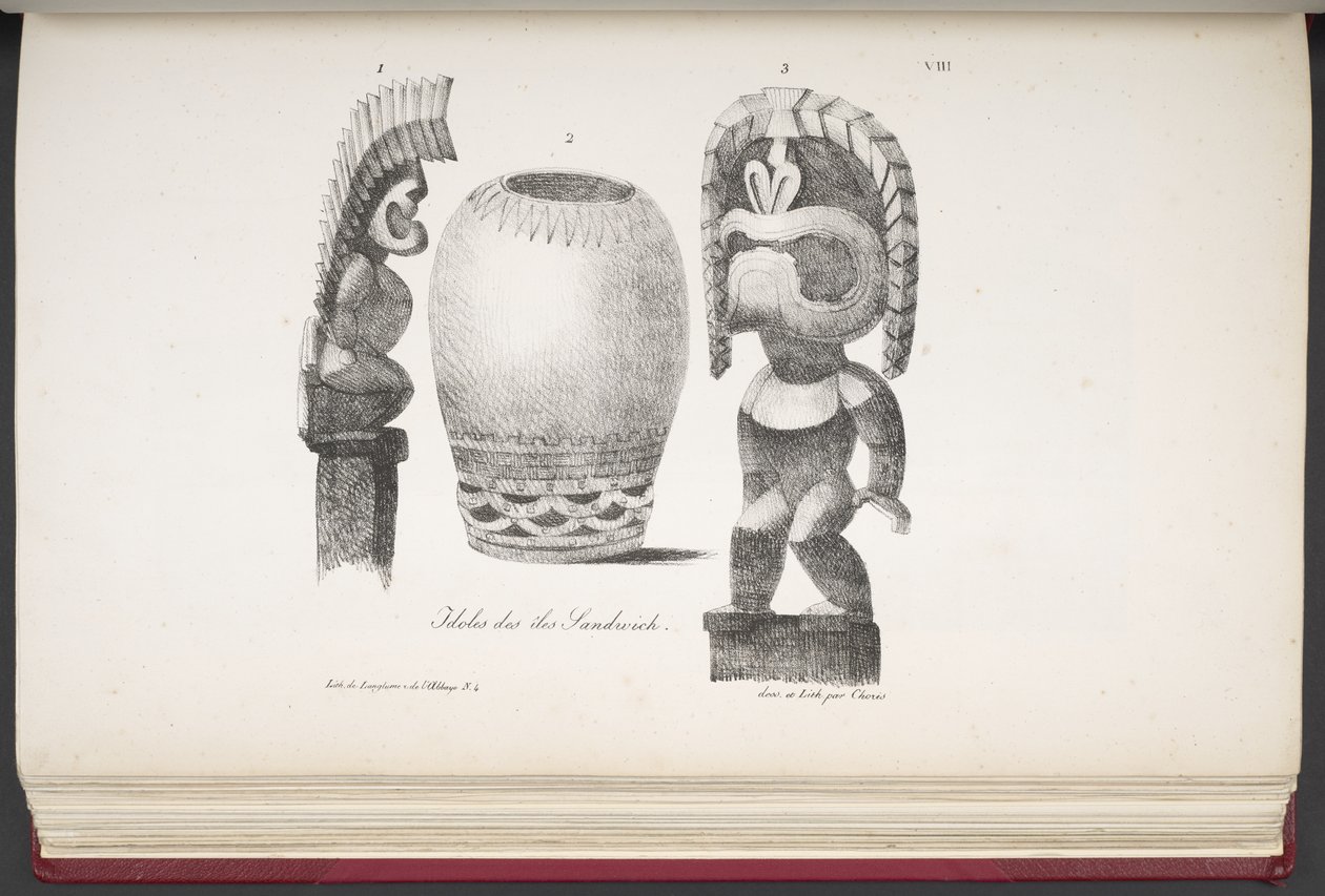 Idoler från Sandwichöarna, från Pittoresk resa runt världen, med porträtt av vildar från Amerika, Asien, Afrika och öarna i det stora havet; landskap, havsutsikt och flera naturhistoriska föremål; tillsammans med av French School