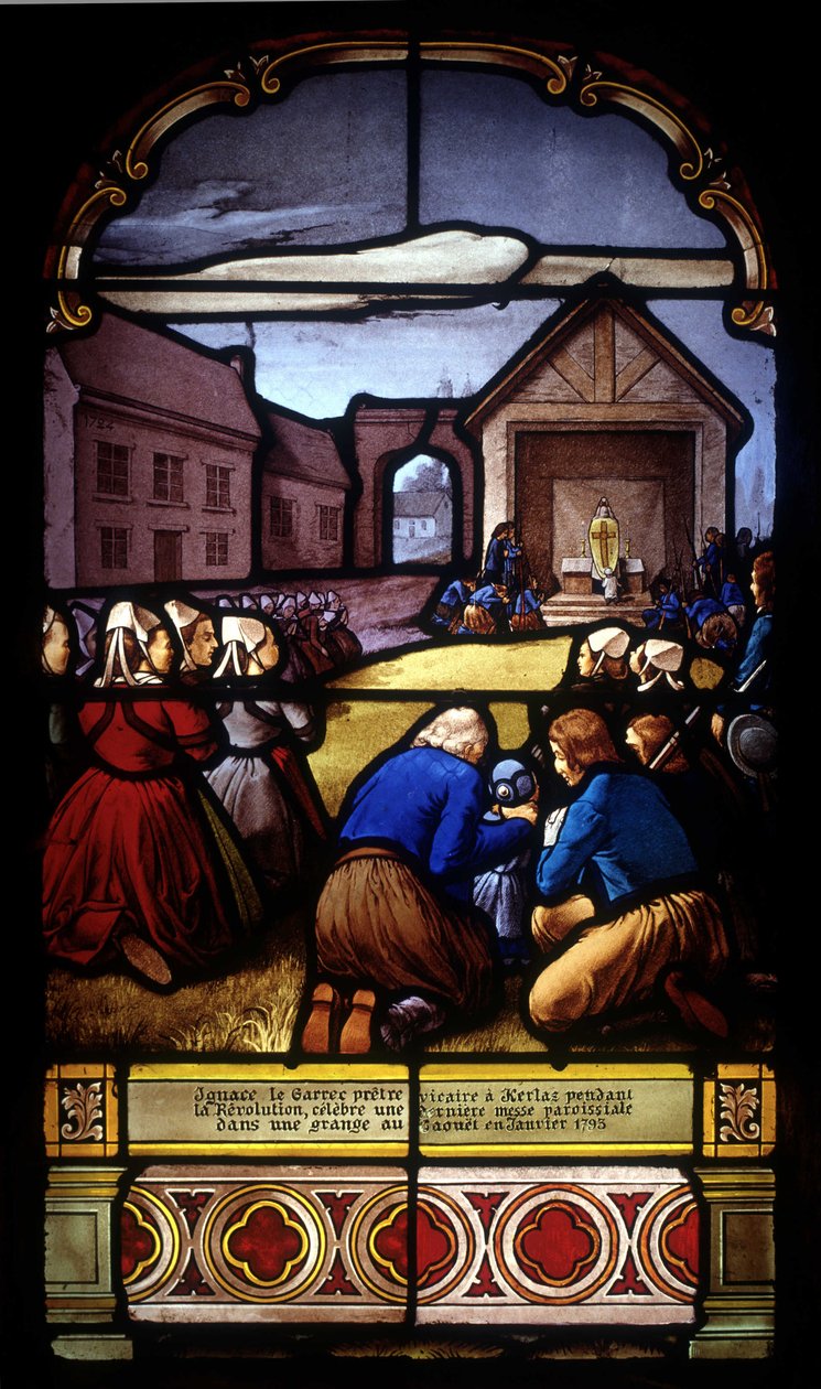 Ignace Le Garrec, kyrkoherdepräst i Kerlaz under revolutionen, firar en sista församlingsmässa i en lada i Caouët, januari 1793 - målat glas av St Germain-kyrkan i Kerlaz av French School