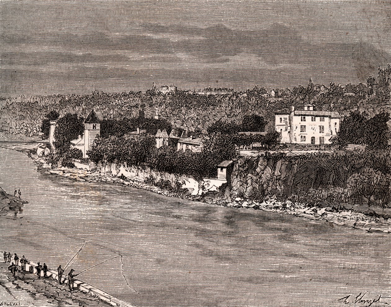 Ile Barbe mitt i Saone, i 9:e arrondissementet i Lyon - gravyr i "La France illustree: geografi, historia, statistisk administration"" av V.-A. Malt-brunt. 1884 av French School