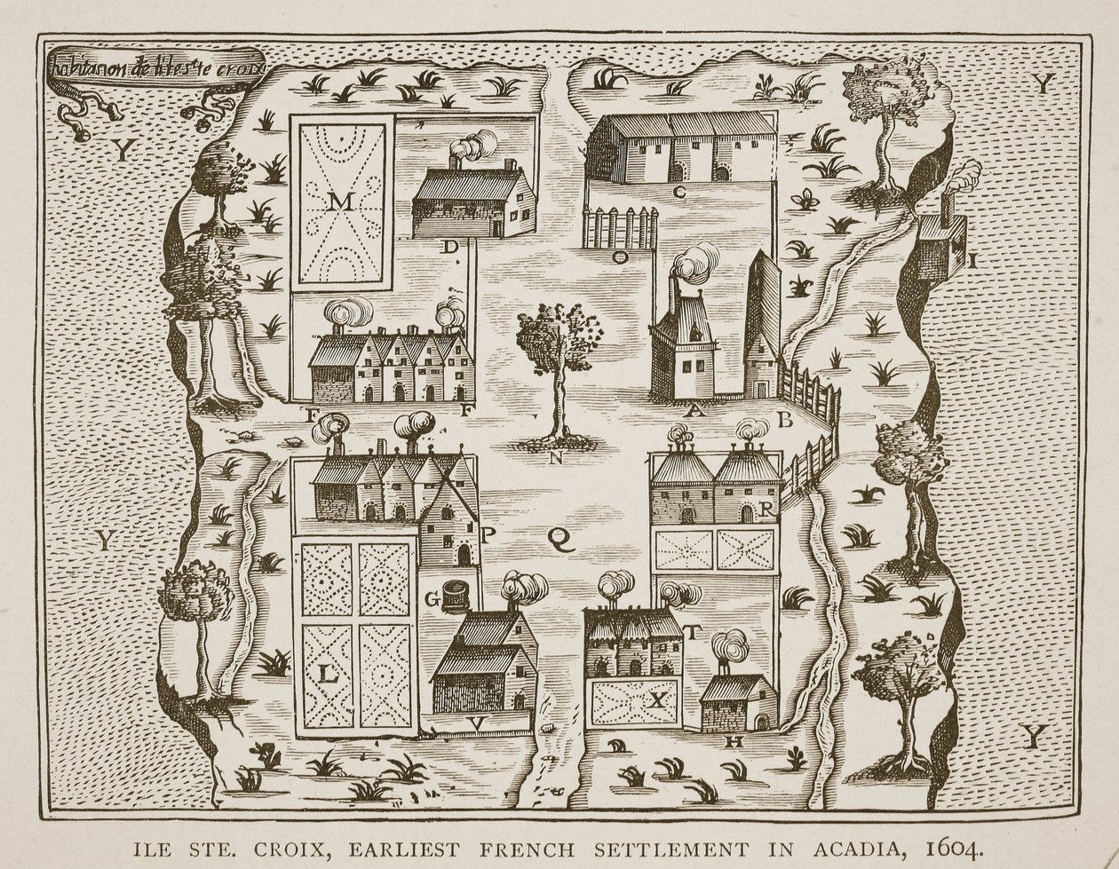 Ile Ste. Croix, den tidigaste franska bosättningen i Acadia, 1604, från Voyages av Samuel de Champlain (c.1580-1635), 1613 av French School