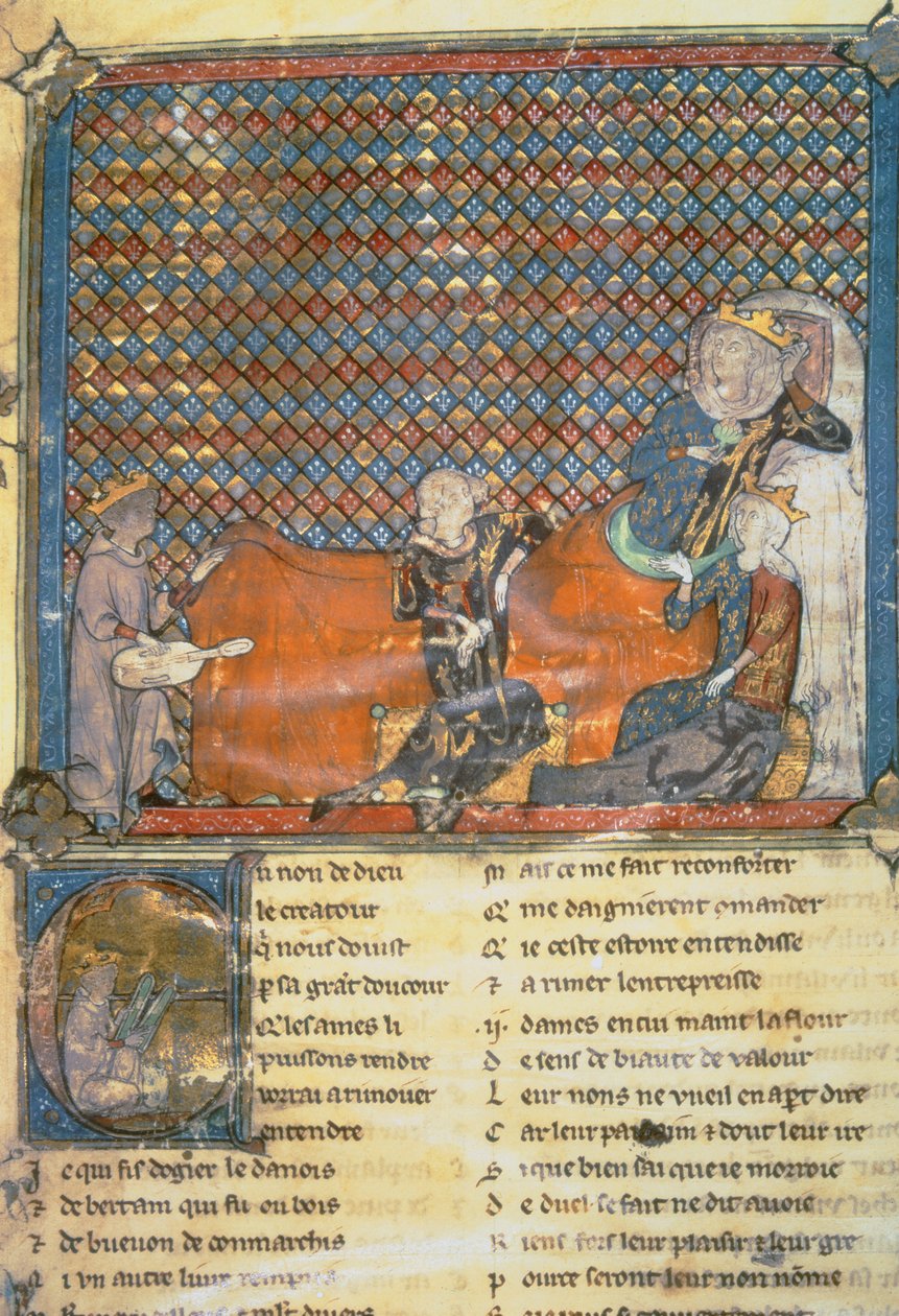 Upplyst sida från en antologi, som visar från vänster till höger, Adenet le Roi, en minstrel till hertig Henry; Greve Guy av Flandern; Marie, drottning av Frankrike och hustru till Filip den djärve (1342-1404); och Mada av French School
