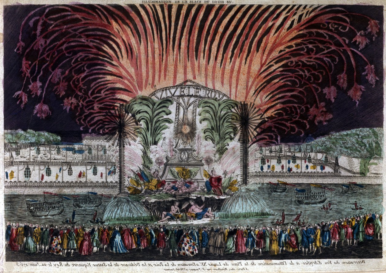 Belysning och fyrverkerier på Place Louis XV i Paris med anledning av freden och invigningen av kungens ryttarstaty den 22 juni 1763. Privésamling av French School
