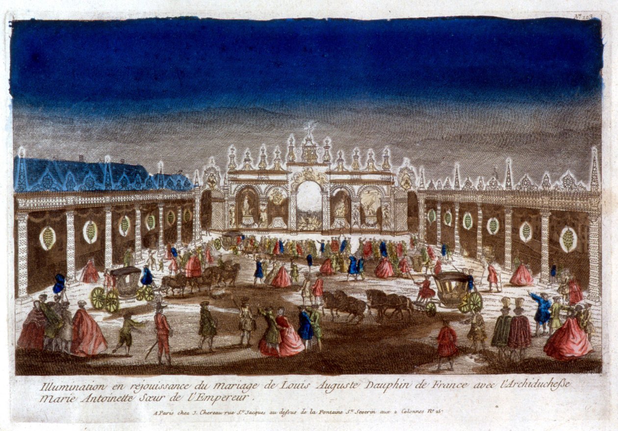 Belysning för att fira bröllopet av Louis Auguste, delfin av Frankrike (Louis XVI), med ärkehertiginnan Marie Antoinette, kejsarens syster - gravyr av French School