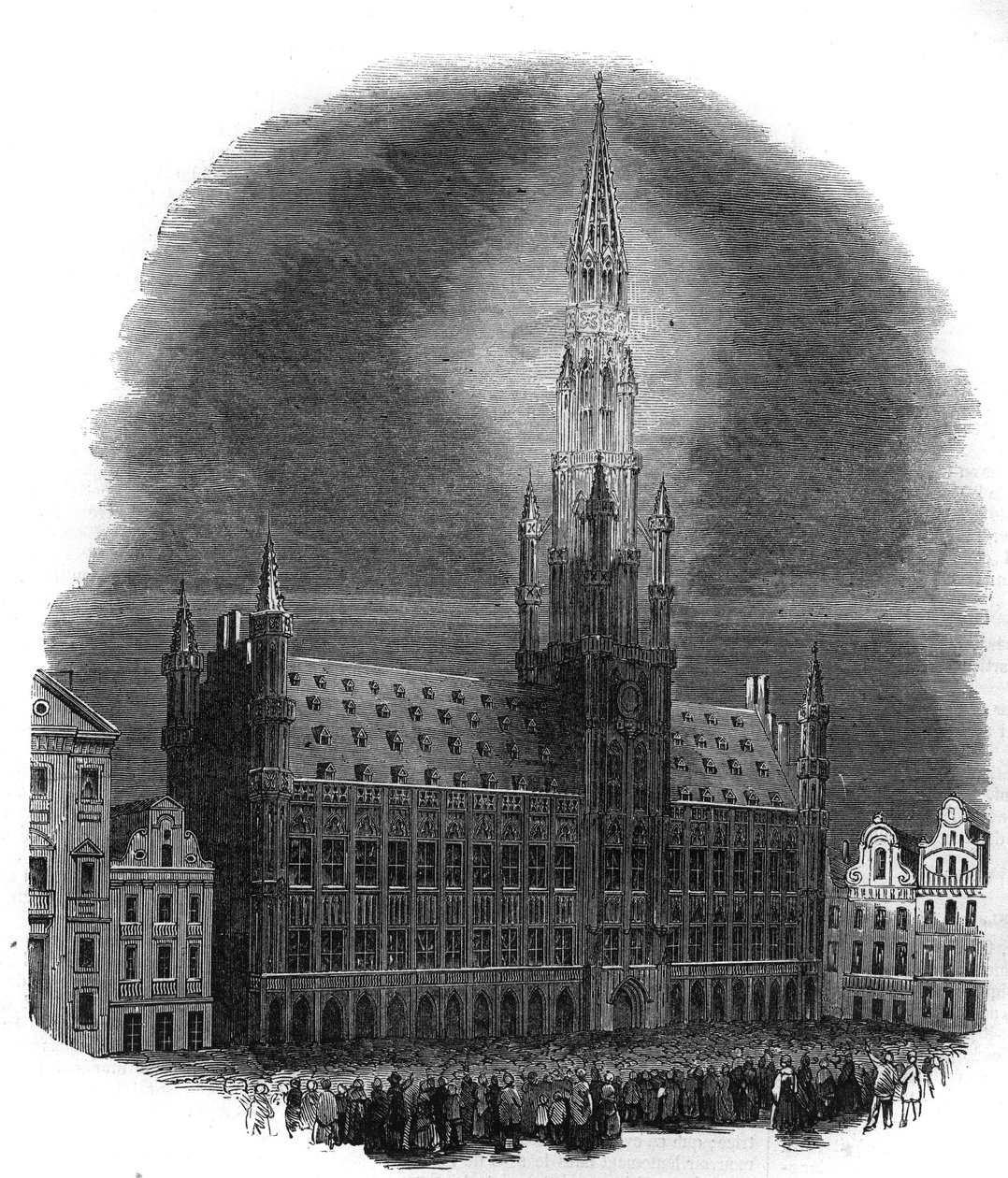 Belysning av Bryssels stadshus den 26 september 1864 med anledning av årsdagen av striderna som befriade Belgien från nederländsk dominans. Från en skiss av M.D.A. Gravyr i "The Illustrous Universe" av French School