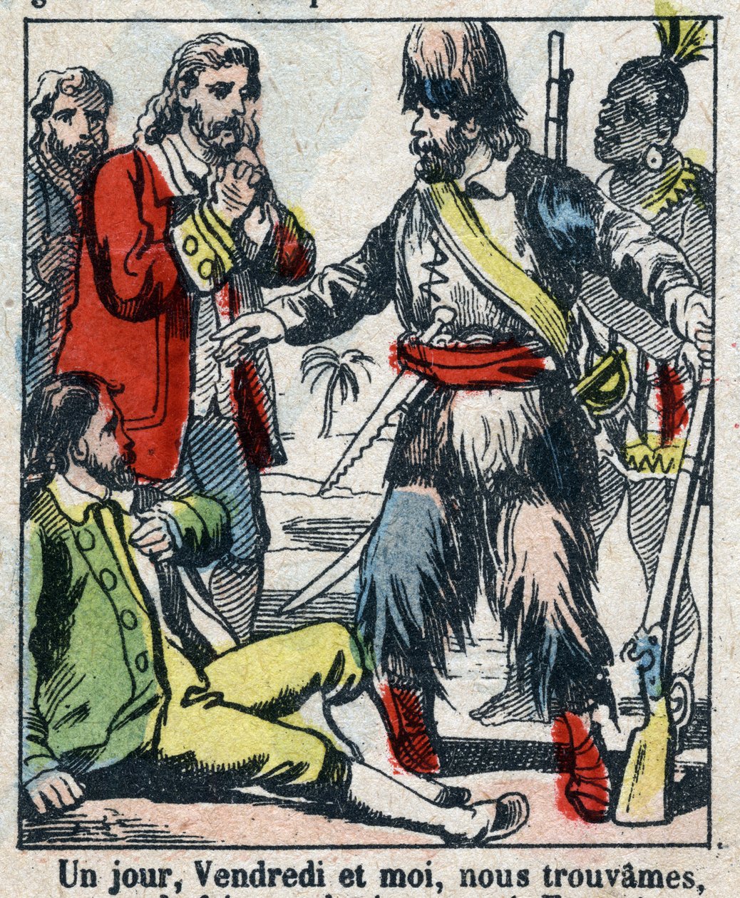 Illustration för Daniel Defoes bok (De foe) "" Robinson Crusoe"". Epinal avbildning från slutet av 1800-talet. av French School
