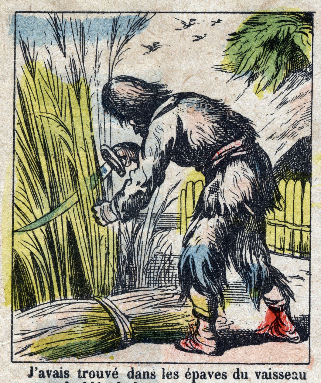 Illustration för Daniel Defoes bok (De foe) "" Robinson Crusoe"". Epinal avbildning från slutet av 1800-talet. av French School