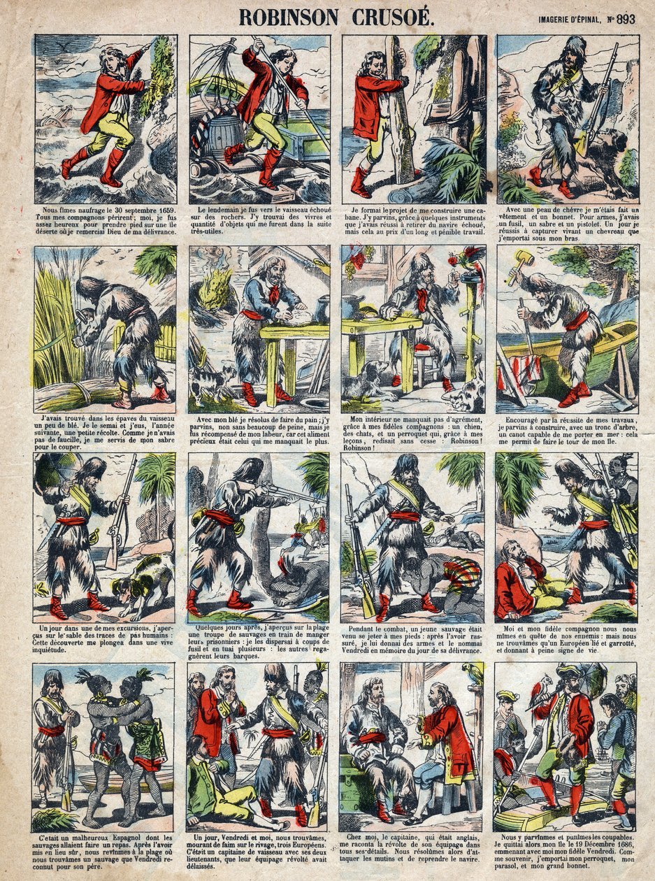 Illustration för Daniel Defoes bok (De foe) "" Robinson Crusoe"". Epinal avbildning från slutet av 1800-talet. av French School