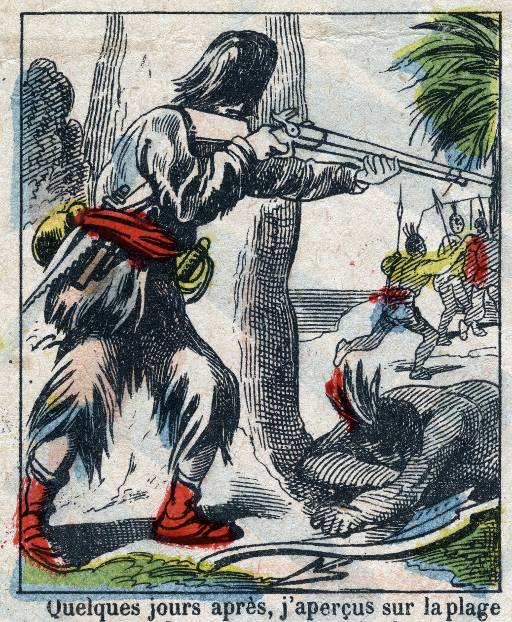 Illustration för Daniel Defoes bok (De foe) "" Robinson Crusoe"". Epinal avbildning från slutet av 1800-talet. av French School