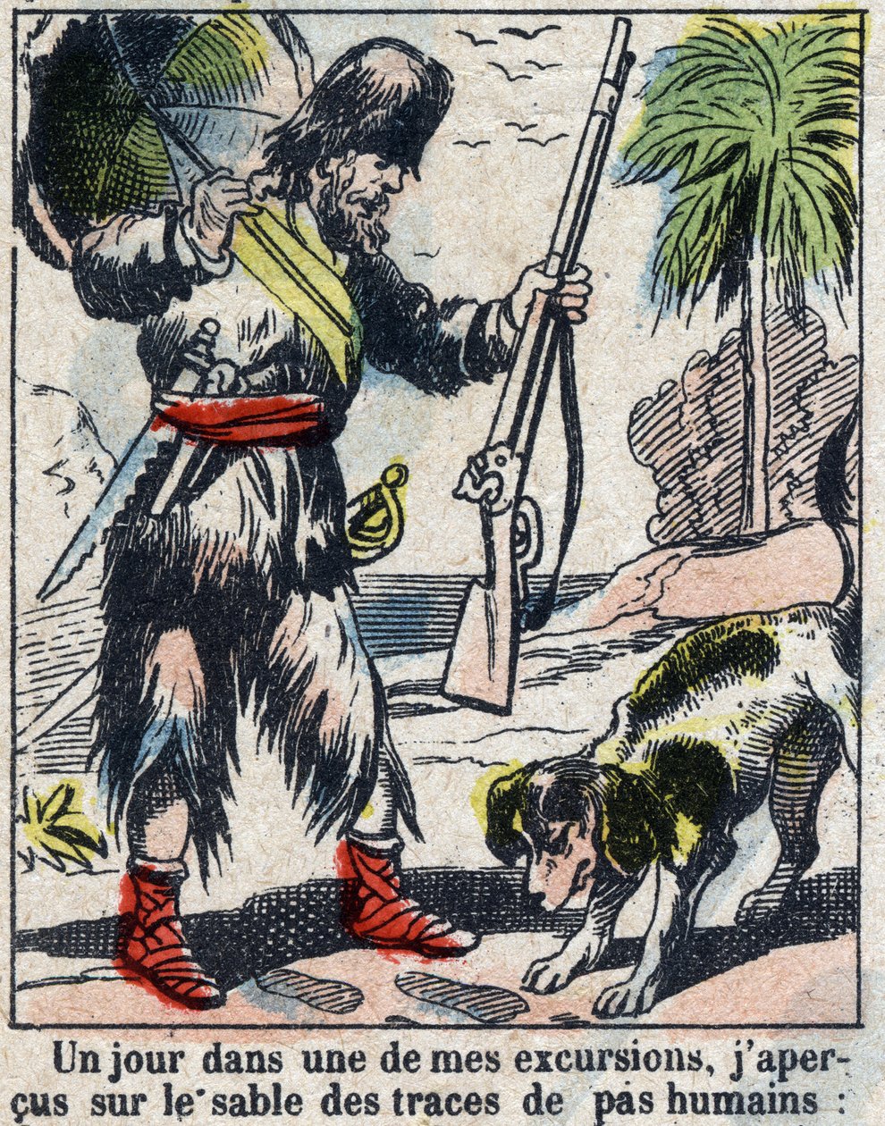Illustration för Daniel Defoes bok (De foe) "" Robinson Crusoe"". Epinal avbildning från slutet av 1800-talet. av French School
