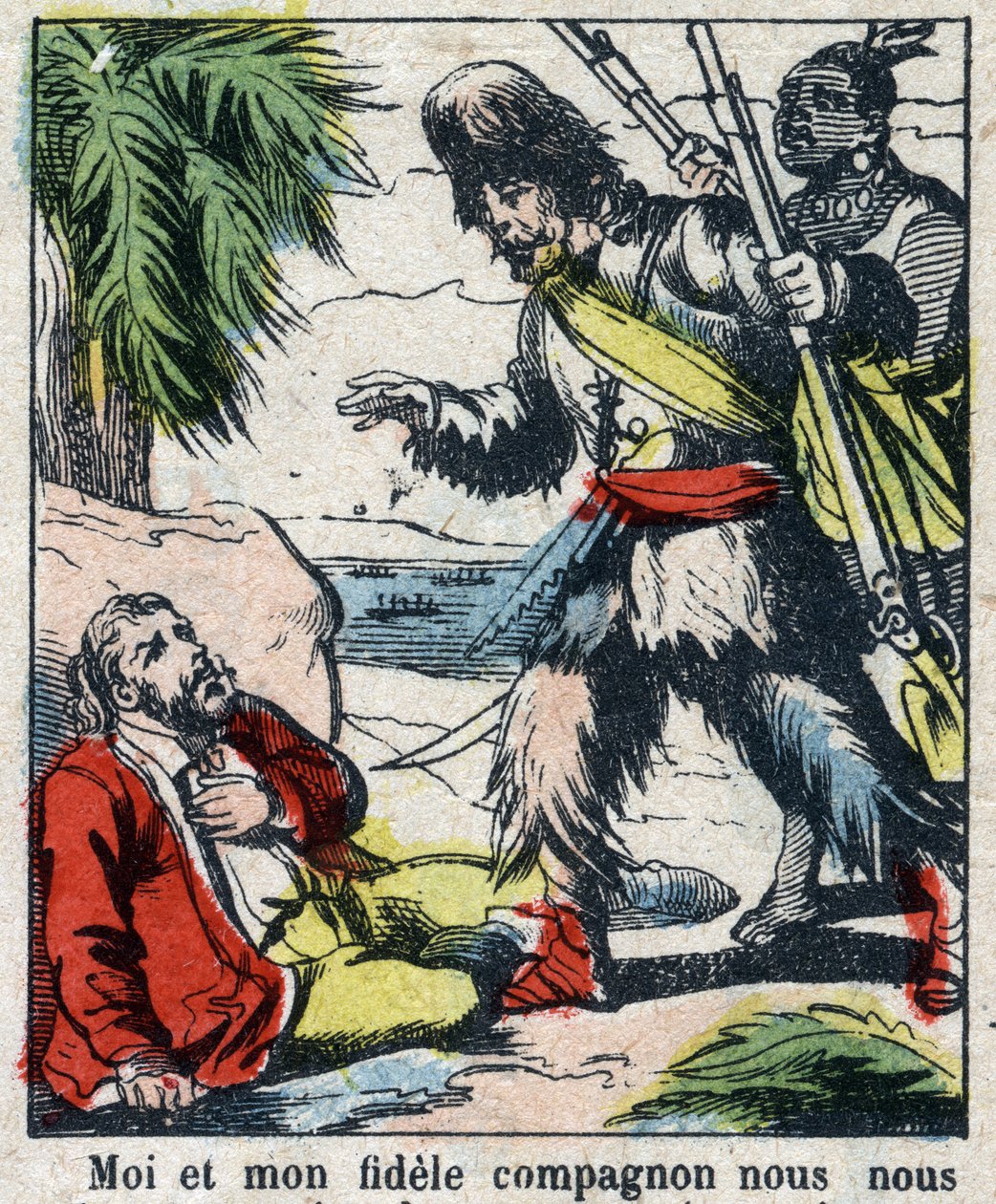 Illustration för Daniel Defoes bok (De foe) "" Robinson Crusoe"". Epinal avbildning från slutet av 1800-talet. av French School