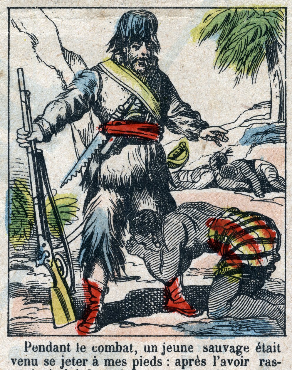 Illustration för Daniel Defoes bok (De foe) "" Robinson Crusoe"". Epinal avbildning från slutet av 1800-talet. av French School