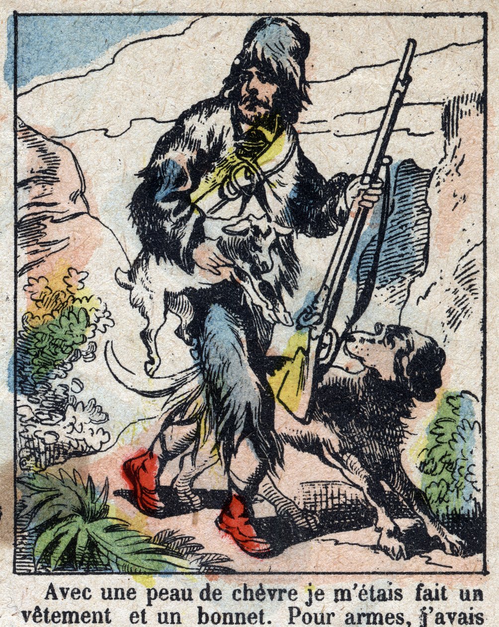 Illustration för Daniel Defoes bok (De foe) "" Robinson Crusoe"". Epinal avbildning från slutet av 1800-talet. av French School