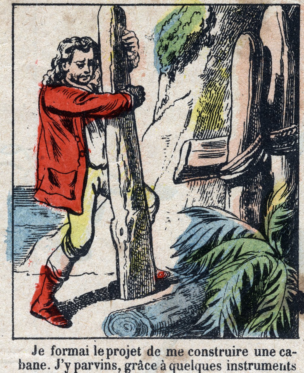 Illustration för Daniel Defoes bok (De foe) "" Robinson Crusoe"". Epinal avbildning från slutet av 1800-talet. av French School