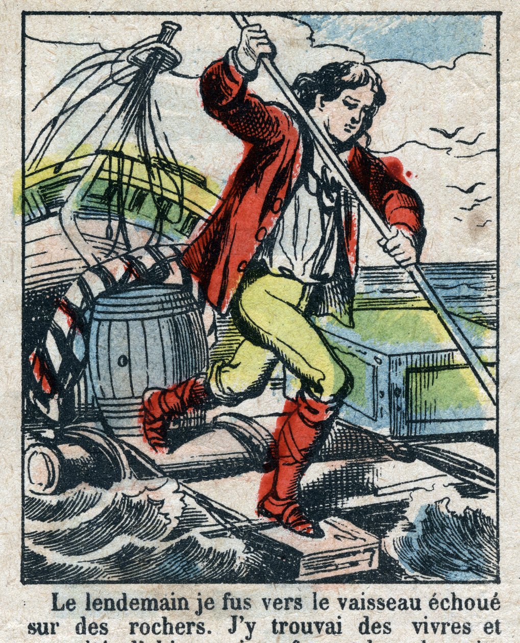 Illustration för Daniel Defoes bok (De foe) "" Robinson Crusoe"". Epinal avbildning från slutet av 1800-talet. av French School