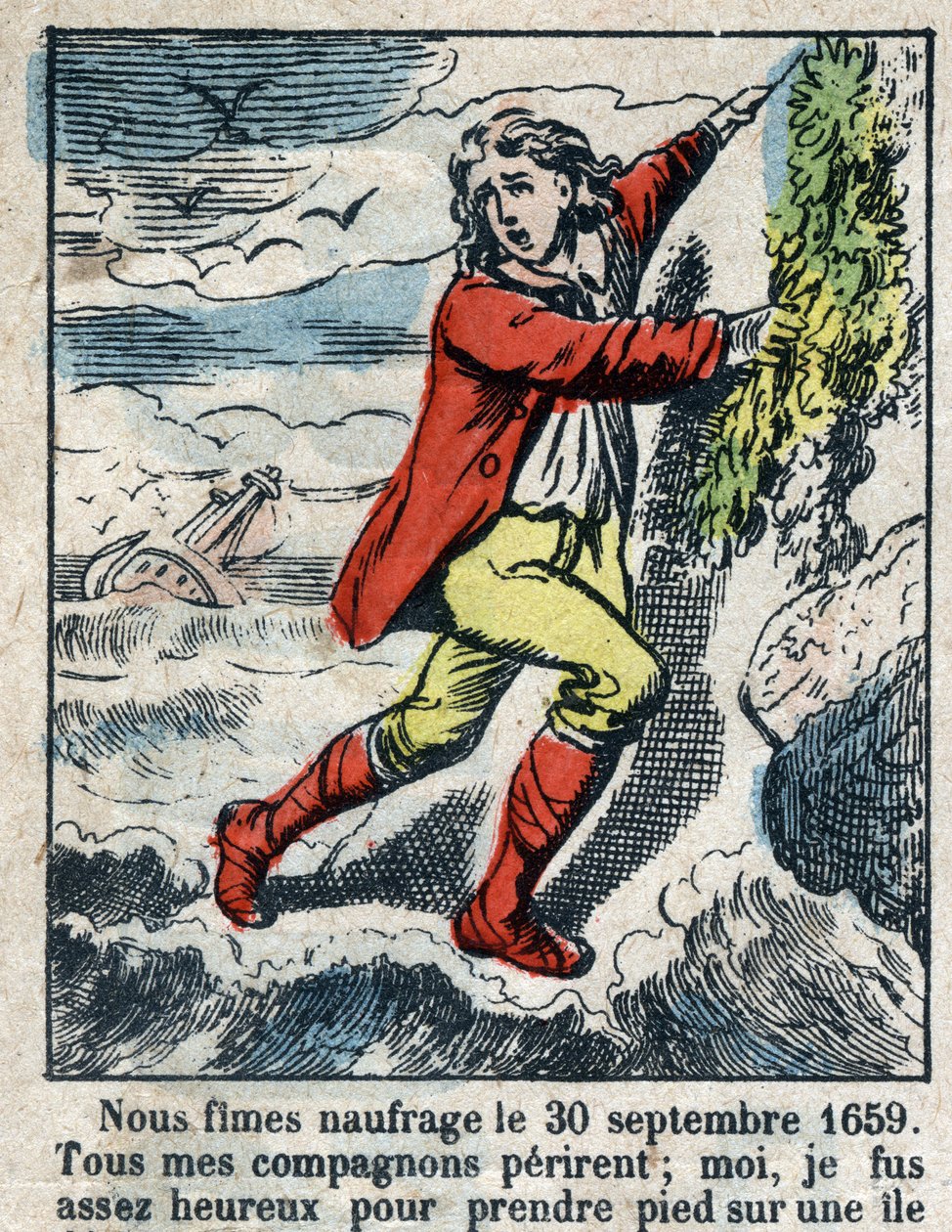 Illustration för Daniel Defoes bok (De foe) "" Robinson Crusoe"". Epinal avbildning från slutet av 1800-talet. av French School
