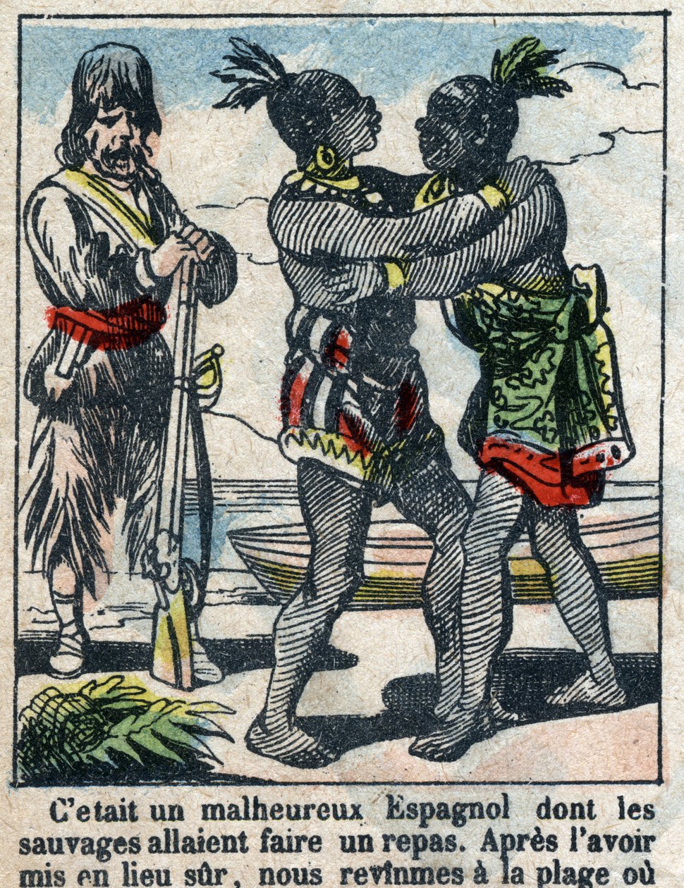 Illustration för Daniel Defoes bok (De foe) "" Robinson Crusoe"". Epinal avbildning från slutet av 1800-talet. av French School