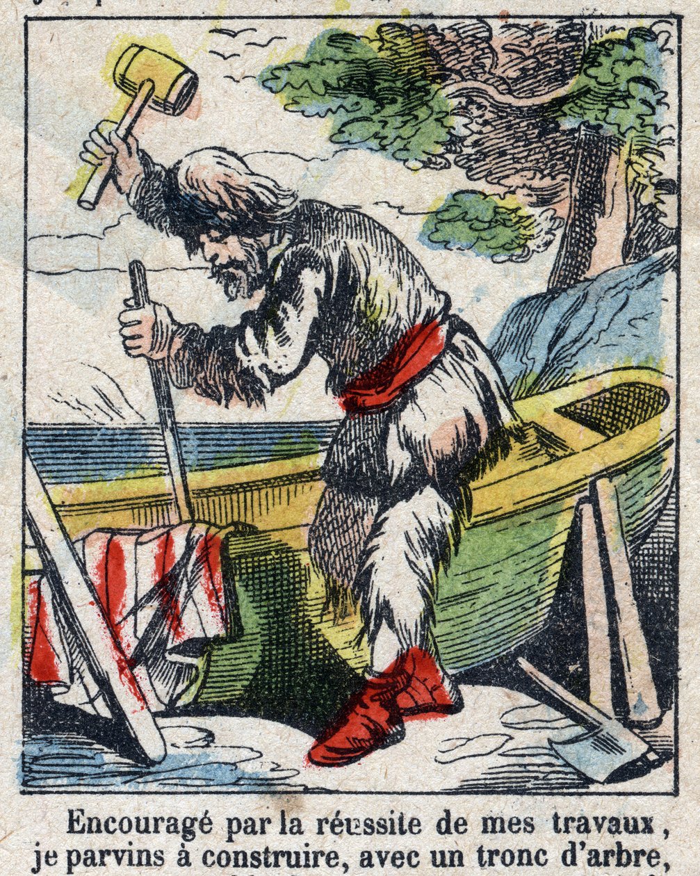 Illustration för Daniel Defoes bok (De foe) "" Robinson Crusoe"". Epinal avbildning från slutet av 1800-talet. av French School