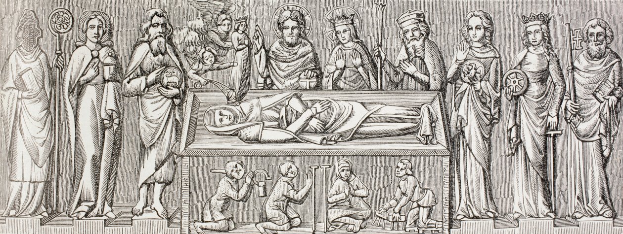 Illustration efter basreliefen på Elisabeth av Ungerns grav, från "Militärt och religiöst liv under medeltiden" av Paul Lacroix, publicerad i London ca 1880 av French School