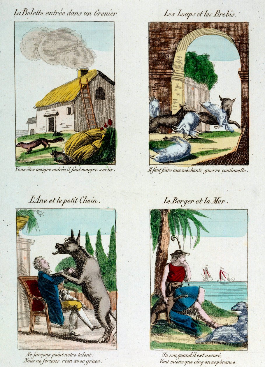 Illustrationstavla för Jean de La Fontaines fabler (1621-1695): vesslan kom in på vinden, vargar och får, åsna och hund, herde och hav. Gravyr av French School