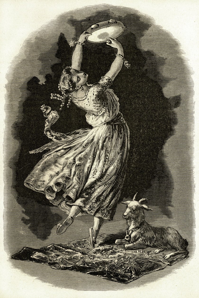 Illustration för "Notre-Dame de Paris" av Victor Hugo: Esmeralda dansar och spelar tamburin bredvid sin get, från 1900-talet (litho) av French School