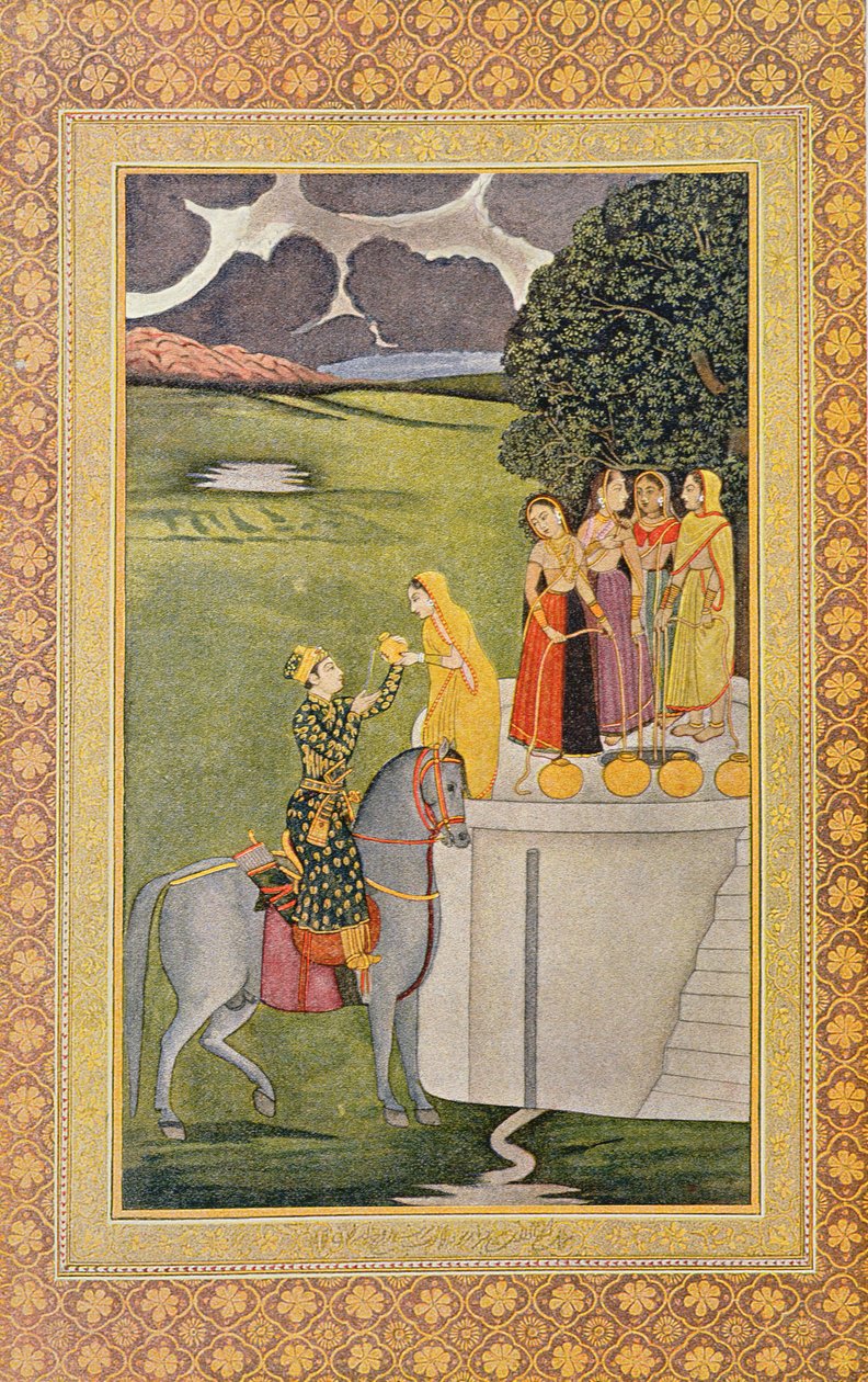 Illustration för Prince Nourgilan och Face of Lily Adolescent, från The Arabian Nights, 1895 (färggravyr) av French School