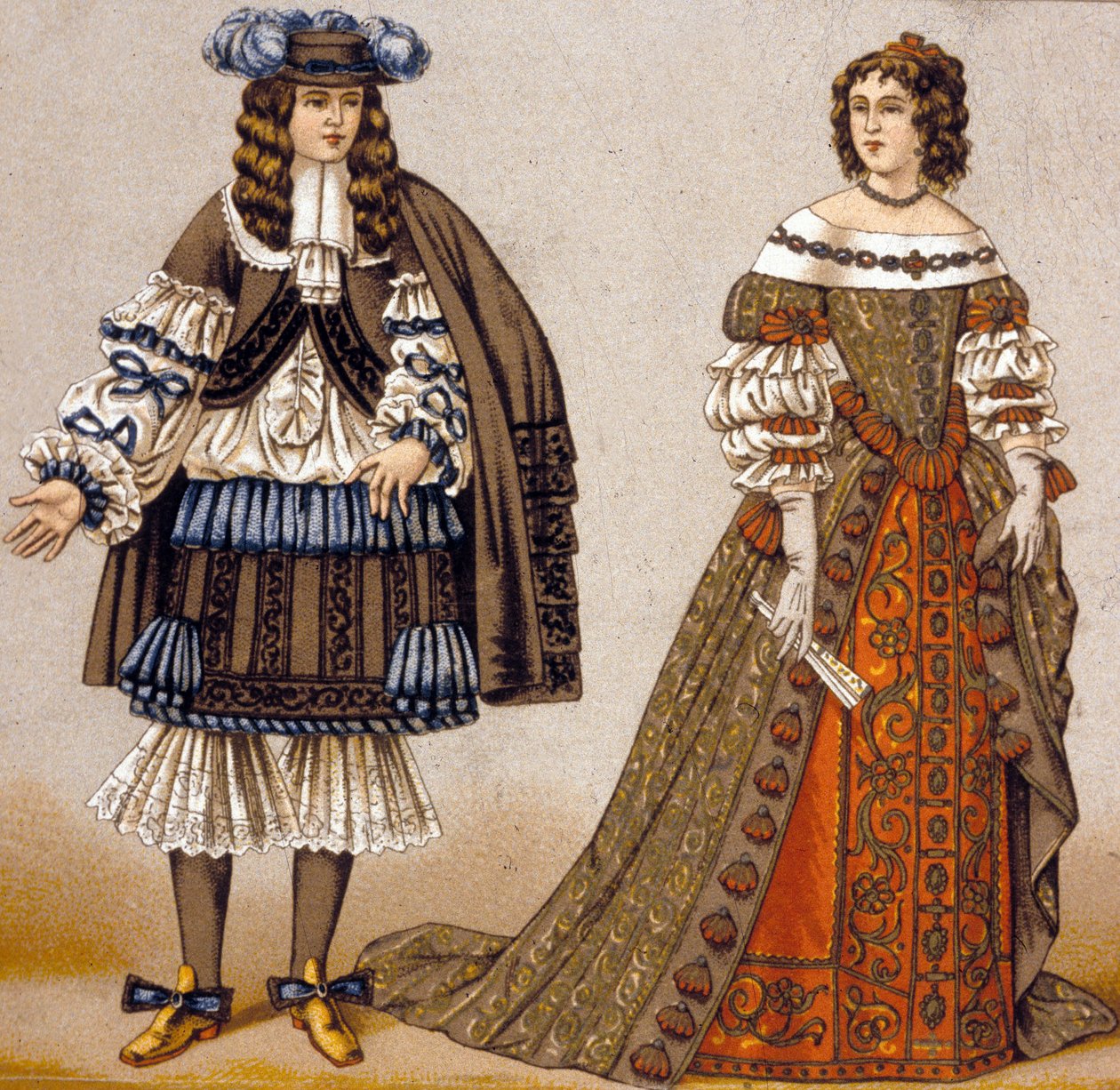 Illustration för karaktärerna Alceste och Celimene i pjäsen "Misantropen" av Moliere (färgad gravyr) av French School