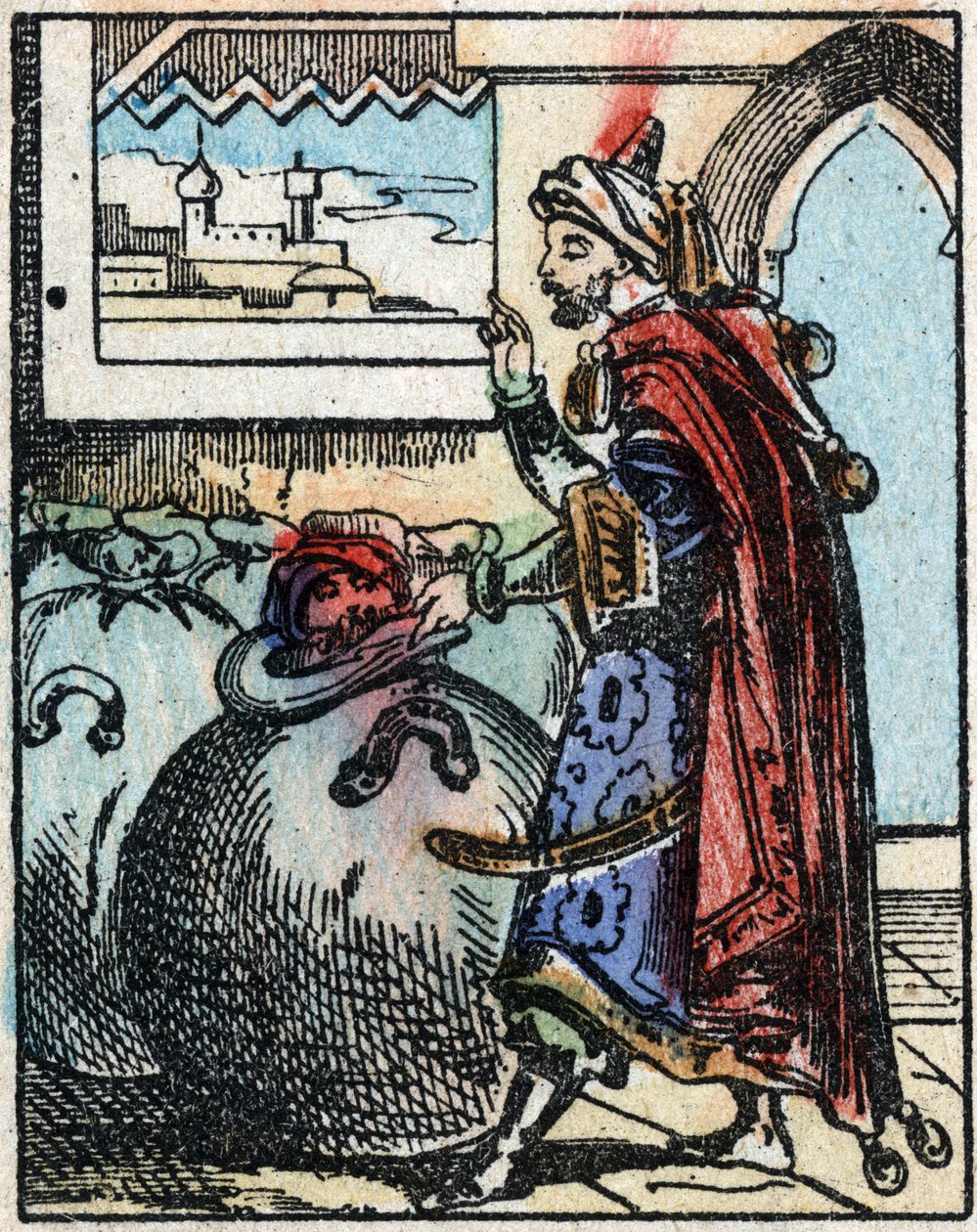 Illustration till sagorna om tusen och en natt. Ali-Baba (Ali Baba).Trästick från Imaging Pellerin - Epinal, sd. Sent 1800-tal. av French School