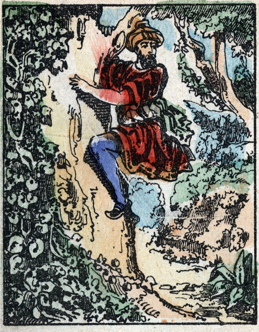 Illustration till sagorna om tusen och en natt. Ali-Baba (Ali Baba).Trästick från Imaging Pellerin - Epinal, sd. Sent 1800-tal. av French School