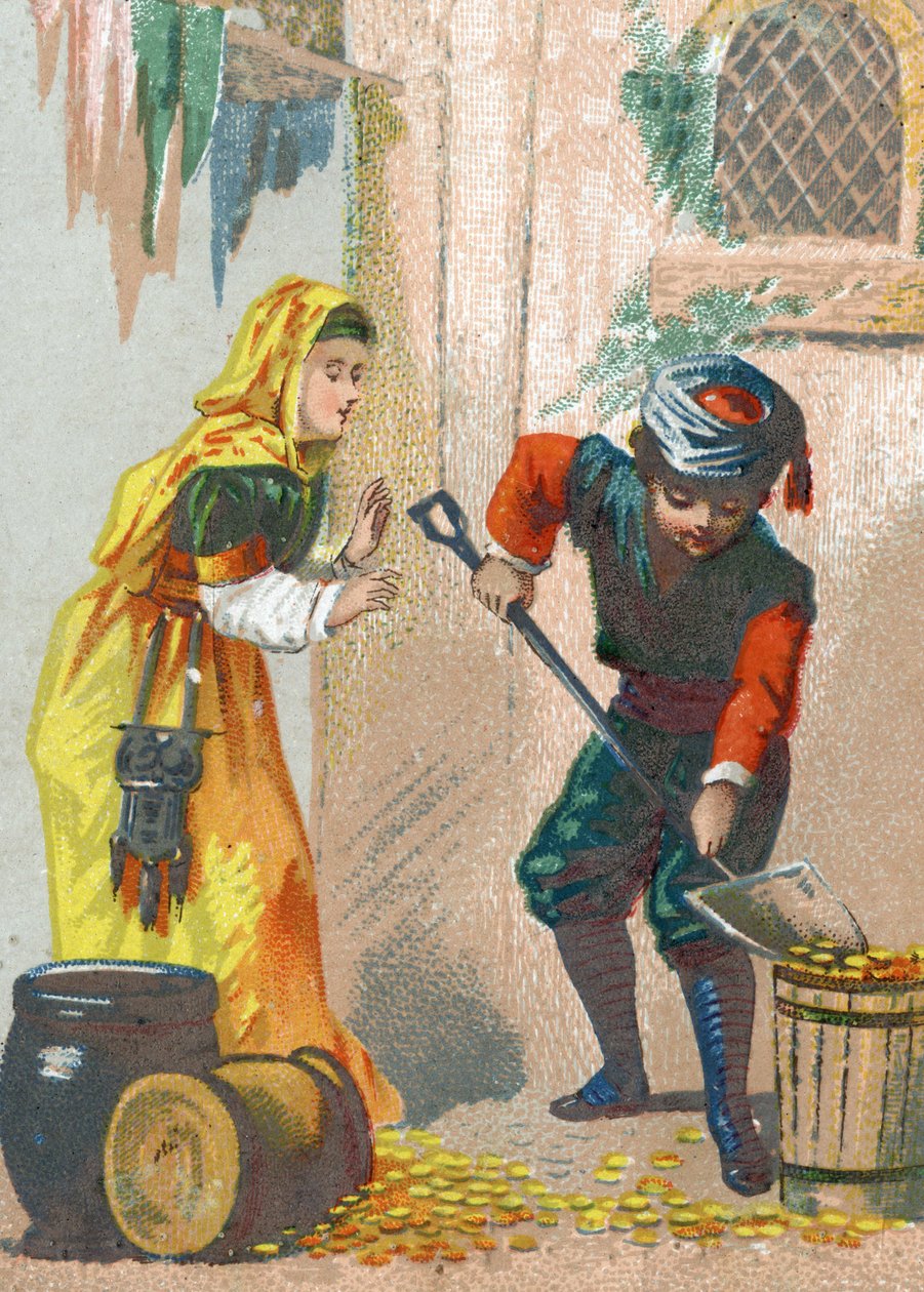 Illustration till sagorna om tusen och en natt. Ali-Baba (Ali Baba) lastar sina gyllene åsnor och återvänder hem, Chromolithography runt 1890. av French School