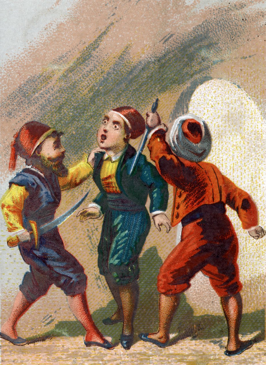 Illustration till sagorna om tusen och en natt. Cassim avundsjuk på Ali Baba (Ali Baba) går också till grottan men glömmer ordet att gå ut och blir mördad av tjuvar. Kromolitografi omkring 1890. av French School
