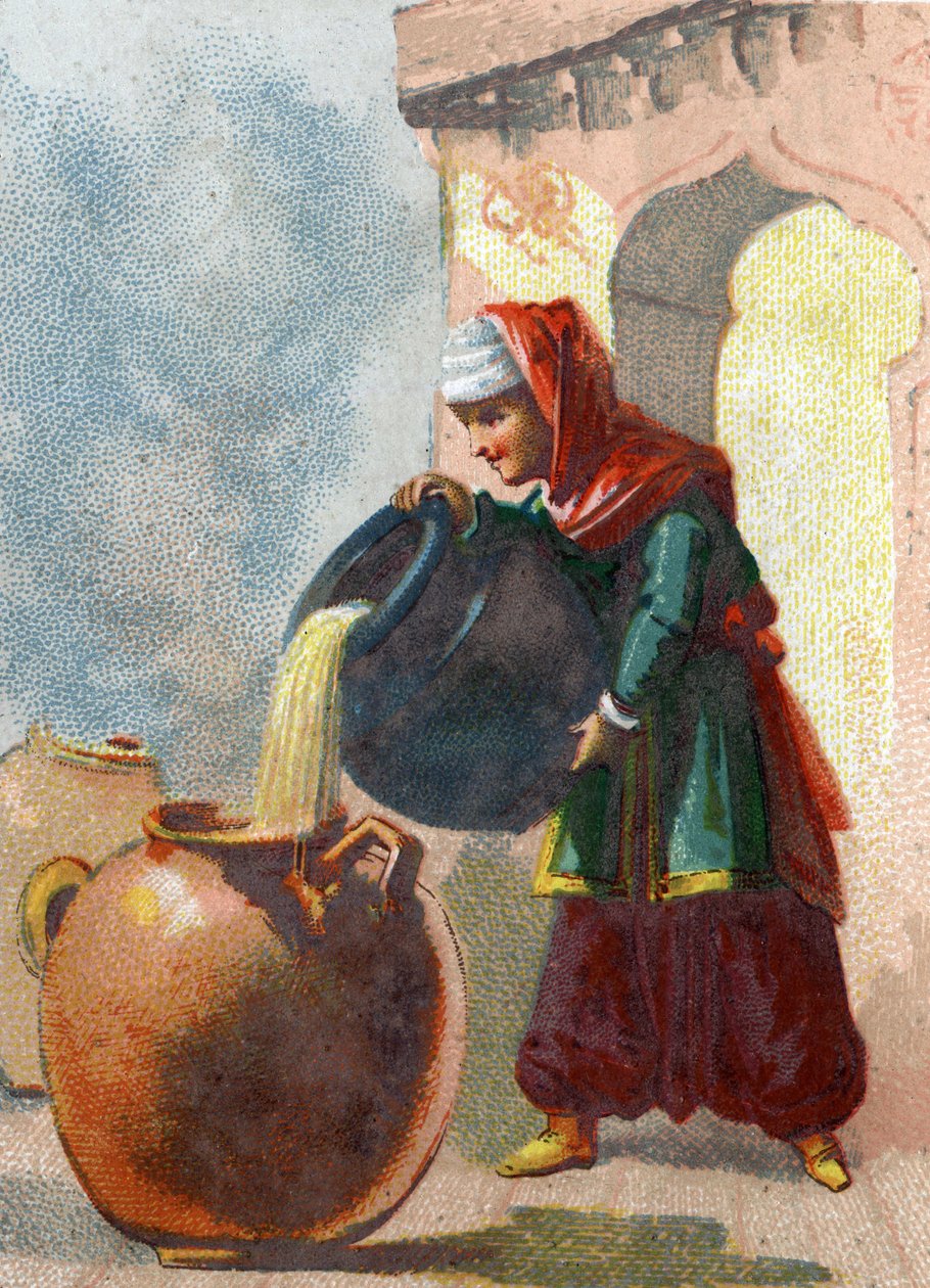 Illustration till sagorna om tusen och en natt. Morgiane, en slav till Ali Baba (Ali Baba), som insåg att vaserna innehöll tjuvar, tog deras liv genom att hälla kokande olja i varje kärl. Kromolitografi omkring 1890. av French School