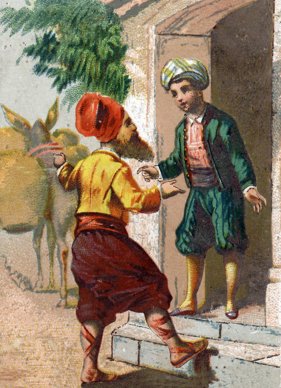 Illustration till sagorna om tusen och en natt. Kaptenen, besviken som oljehandlare och följt av 19 mulelaster var och en av två stora vaser, ber om gästfrihet från Ali-Baba (Ali Baba). Kromolitografi omkring 1890. av French School