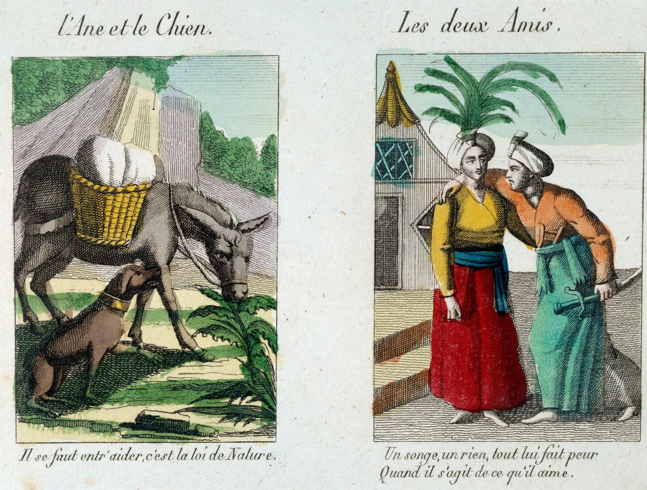 Illustration till fablerna av Jean de la Fontaine (1621-1695): vänster "" Åsnan och hunden""" till höger "" Les deux amis""" Gravyr från 1800-talet. Musée La Fontaine, Chateau Thierry av French School