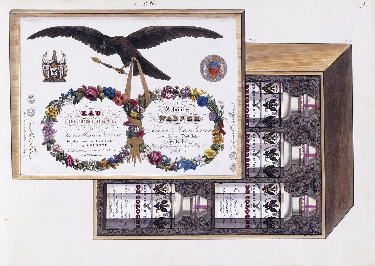 Illustration för förpackningen av eau de Cologne, c.1825 (akvarell och kroppsfärg) av French School