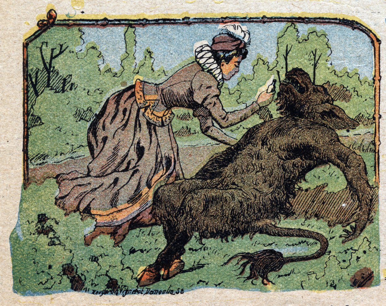 Illustration till berättelsen "Beauty and the Bete"": den vackra återupplivade bete svimmade av smärta när hon vägrade att föreslå äktenskap. Gravyr av Quinn-bilder, cirka 1890. av French School