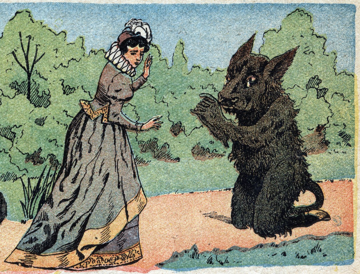 Illustration till berättelsen "Beauty and the Bete"": beten frågar den vackra som plötsligt blir rädd. Gravyr av Quinn-bilder, cirka 1890. av French School