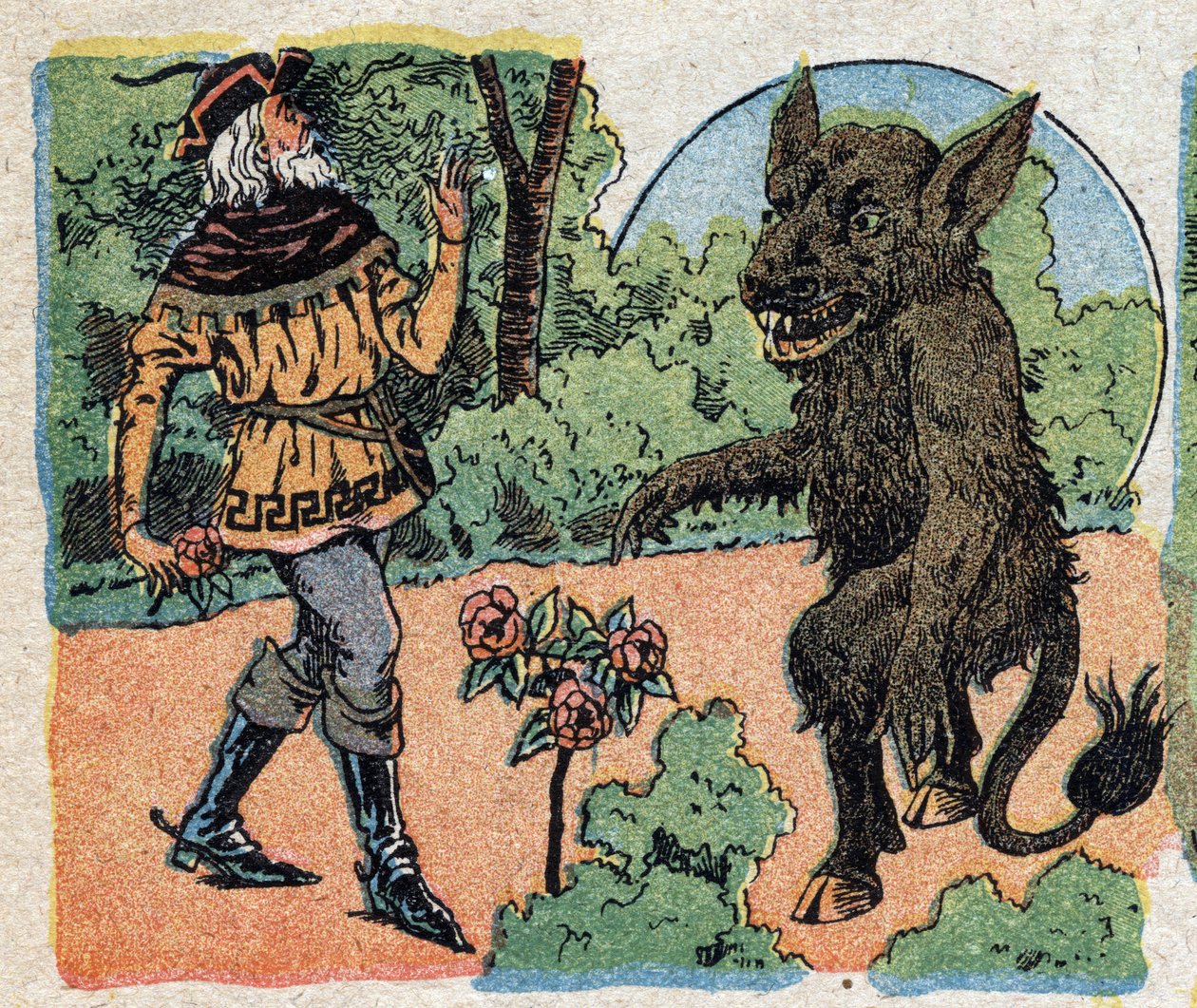 Illustration till berättelsen "Beauty and the Bete"": köpmannen skär en ros i Betes trädgård för att föra tillbaka till sin dotter Belle. Gravyr av Quinn-bilder, cirka 1890. av French School