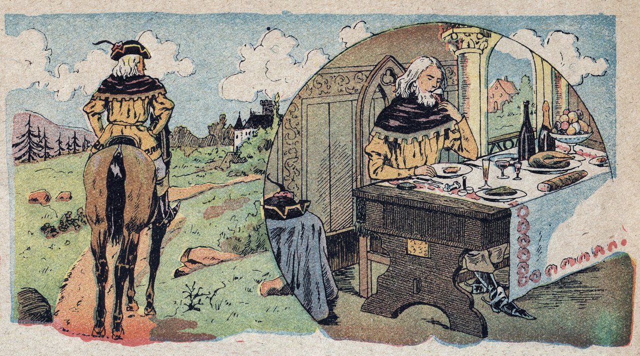 Illustration för berättelsen "Beauty and the Bete"": köpmannen förlorade sig själv i skogen - efter att han gick in i en matsal. Gravyr av Quinn-bilder, cirka 1890. av French School