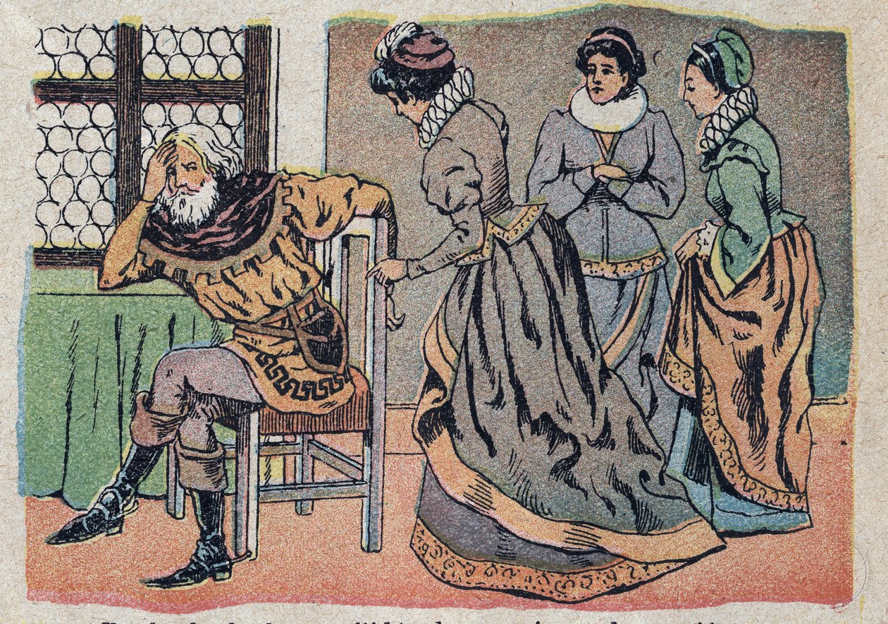 Illustration till berättelsen "Beauty and the Bete"": köpmannen förlorad i smärta. Gravyr av Quinn-bilder, cirka 1890. av French School