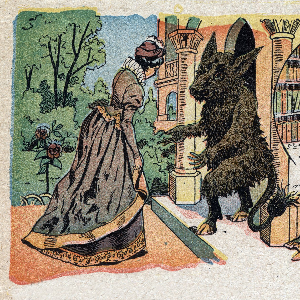 Illustration till berättelsen "La Belle et la Bete"": den vackra anländer till slottet Bete. Gravyr av Quinn-bilder, cirka 1890. av French School