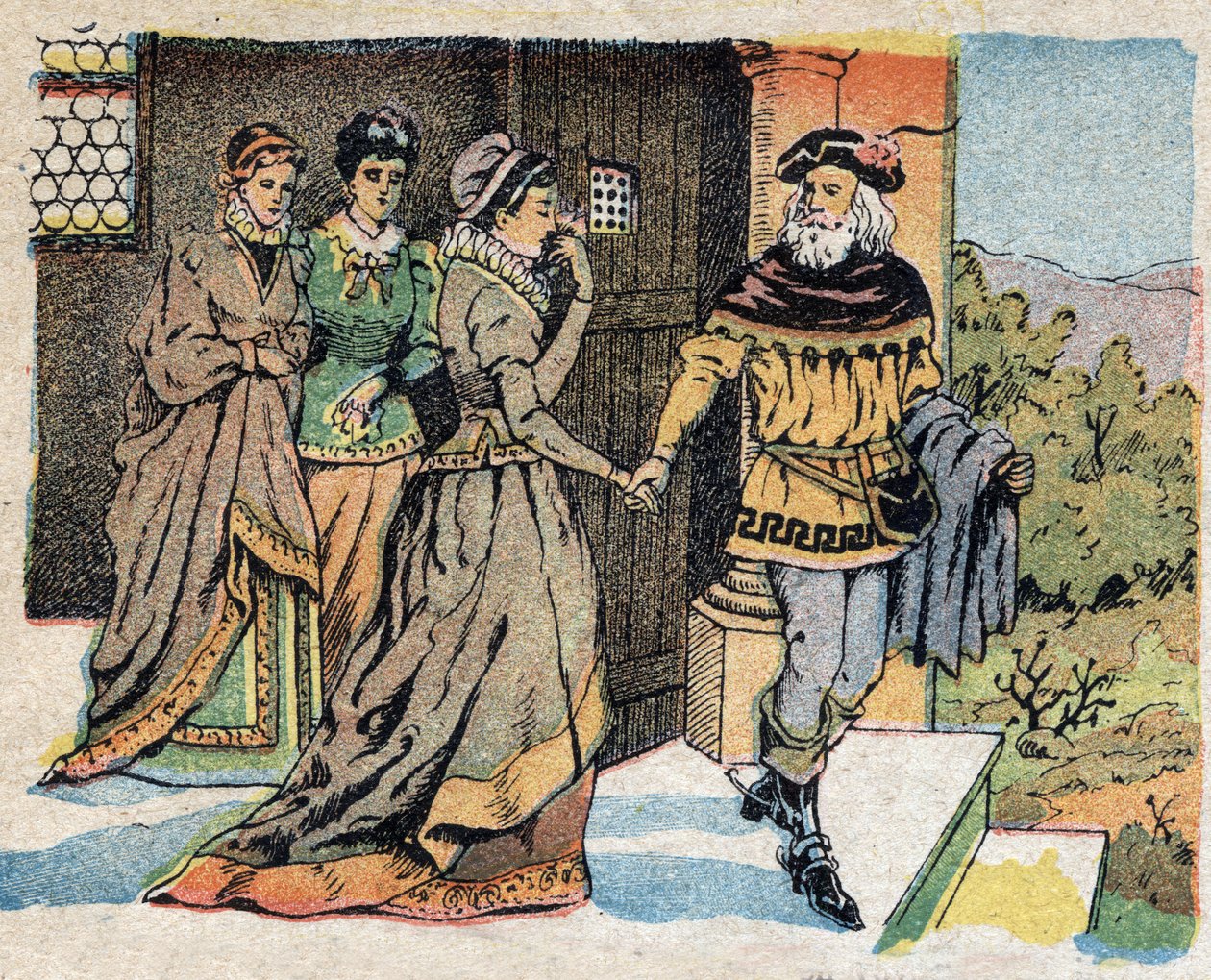 Illustration till berättelsen "La Belle et la Bete"": köpmannen som reste på resa tog farväl av sina tre döttrar och lovade dem en gåva när han återvände. Gravyr av Quinn-bilder, cirka 1890. av French School