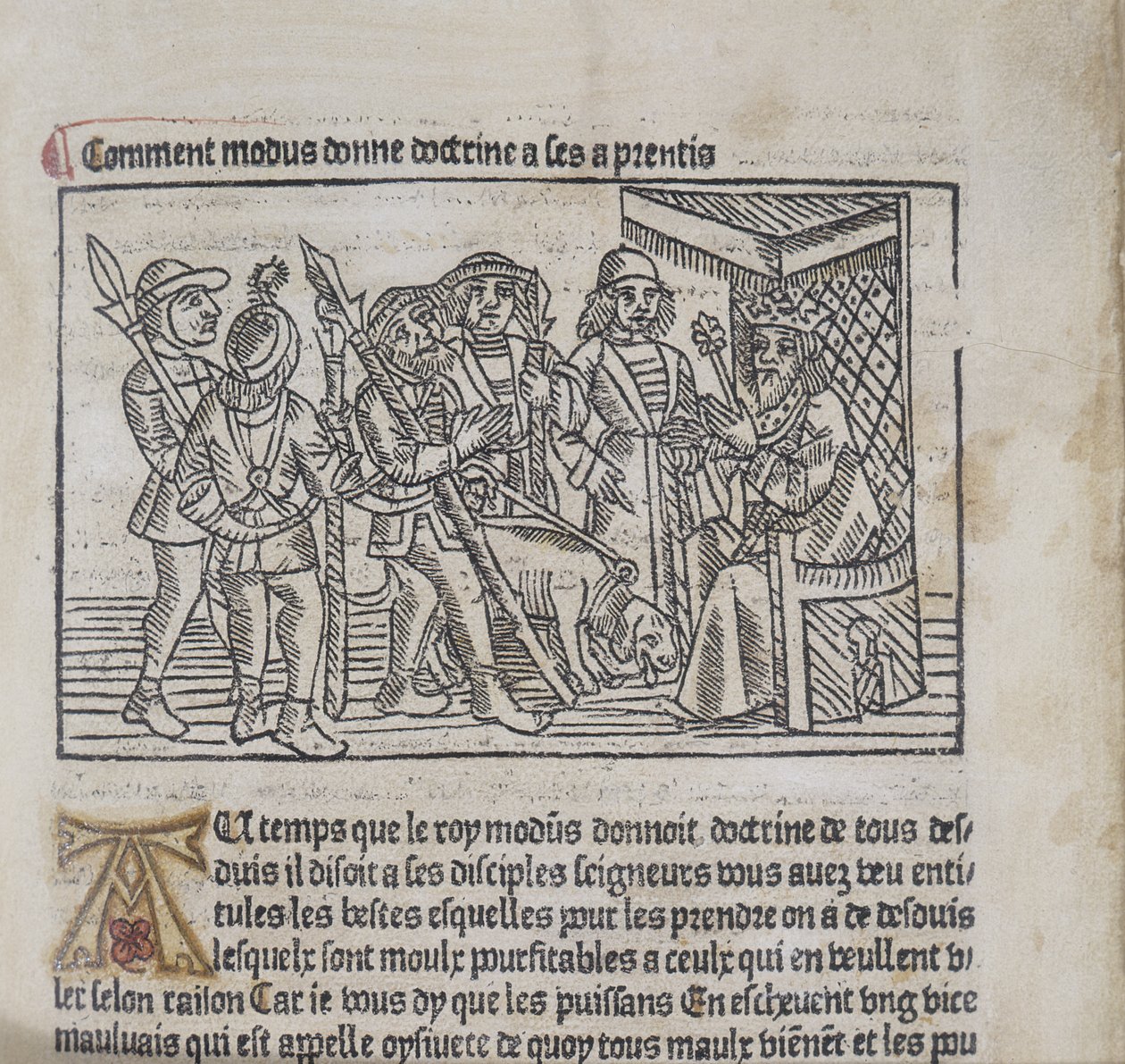 Illustration från Le Livre du Roy Modus et de la Reine Racio av Henri Ferrieres, 1486 (träsnitt & boktryck) av French School