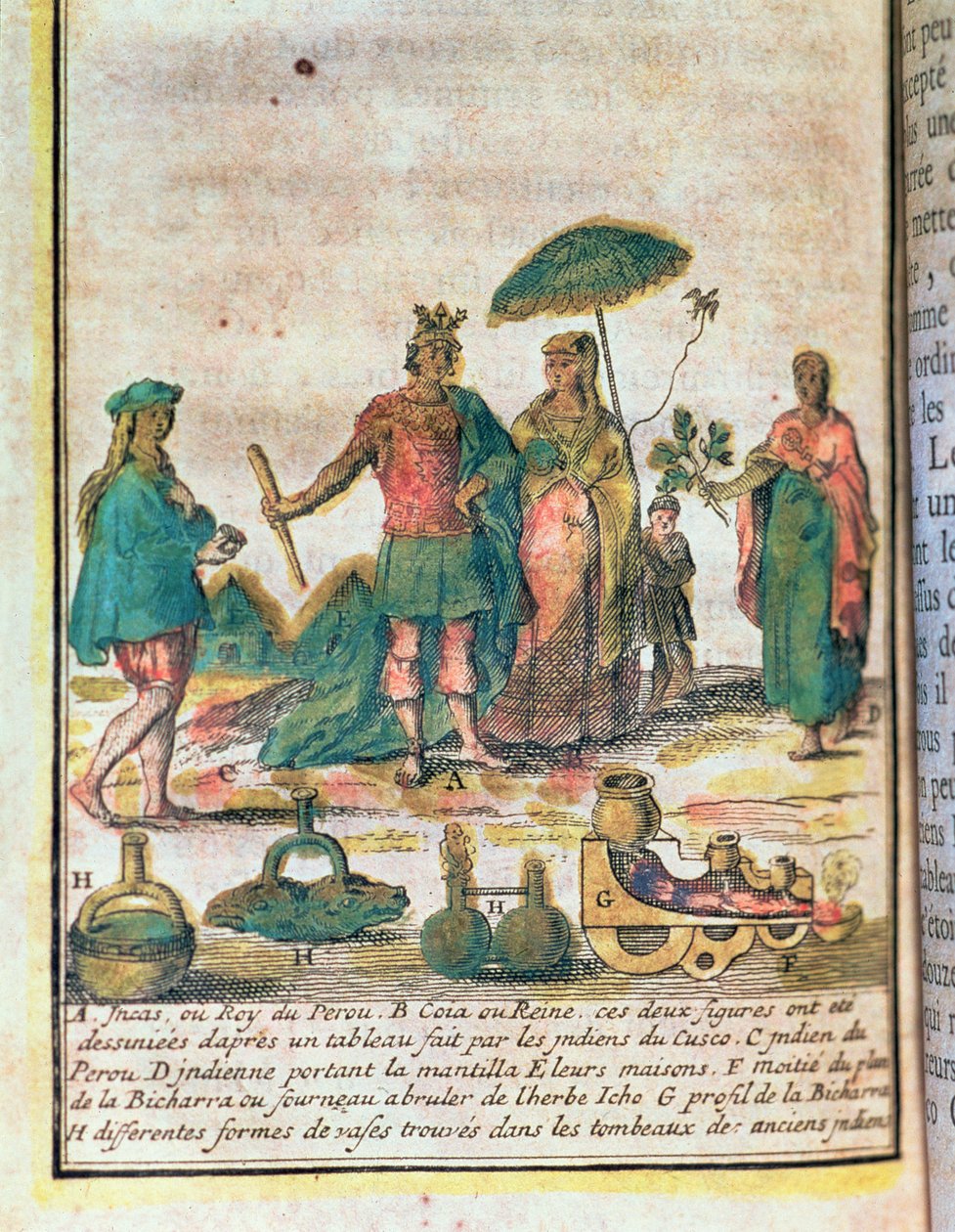 Illustration från en historia av Peru som visar en inkakung och drottning med indiska skötare och ett diagram över en bicharra av French School