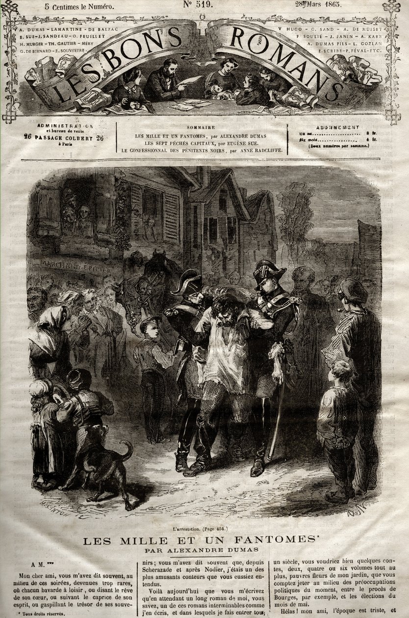 Illustration från ""The Thousand Un Fantomes""-romanen av Alexandre Dumas pere dök upp i "" The Bons Romans"" av 28/03/1865 av French School