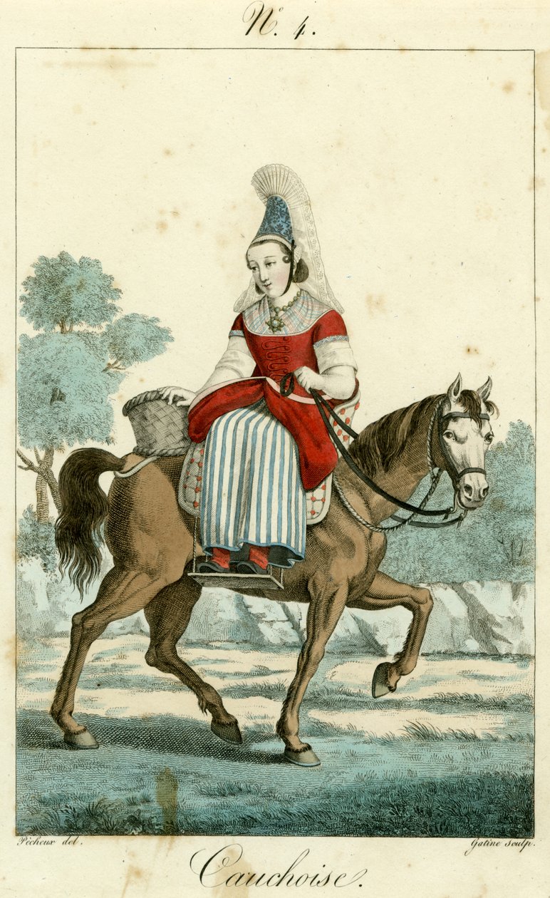 Illustration nr. 4, Cauchoise kostym (färgad gravyr) av French School