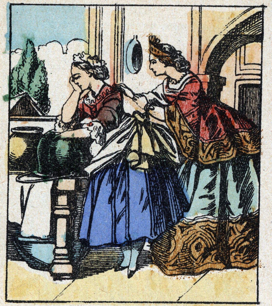 Illustration av Charles Perraults berättelse "Askungen eller den lilla glastofflan". Trästick av Imaging Pellerin - Epinal, sd. Sent 1800-tal. av French School
