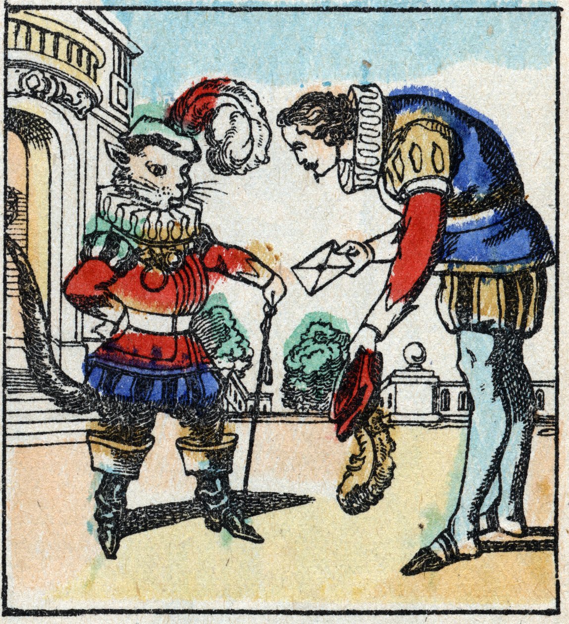 Illustration av Charles Perraults berättelse "The Cat Botte". Trästick av Imaging Pellerin - Epinal, sd. Sent 1800-tal. av French School