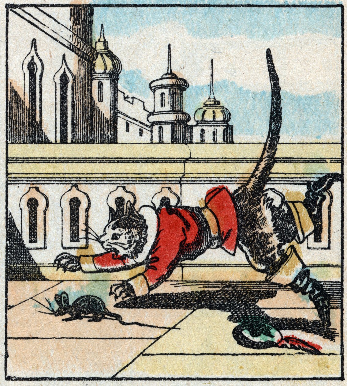 Illustration av Charles Perraults berättelse "The Cat Botte". Trästick av Imaging Pellerin - Epinal, sd. Sent 1800-tal. av French School