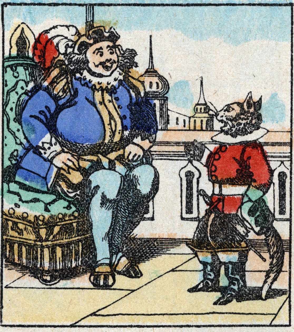 Illustration av Charles Perraults berättelse "The Cat Botte". Trästick av Imaging Pellerin - Epinal, sd. Sent 1800-tal. av French School